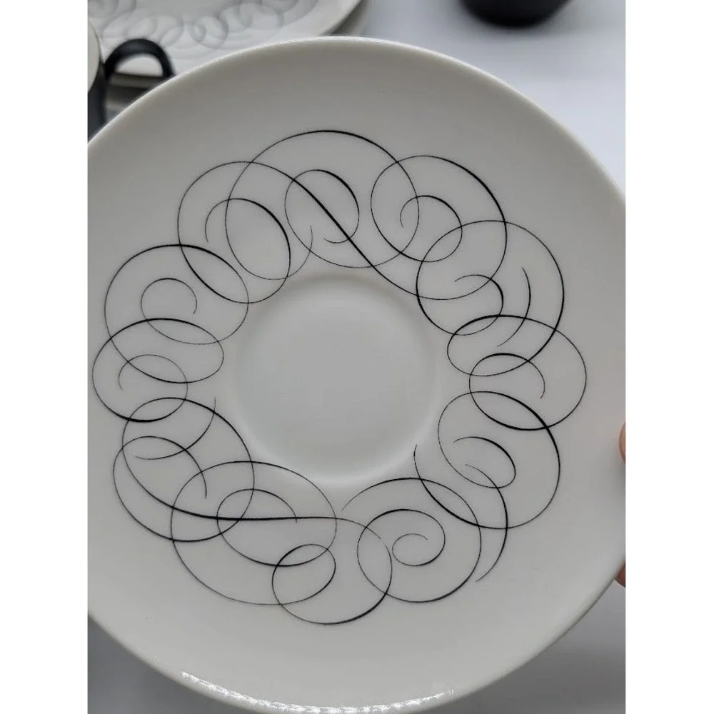5 Raymond Loewy Continental China Charcoal Teacup Script Saucer‎ MCM Rosenthal